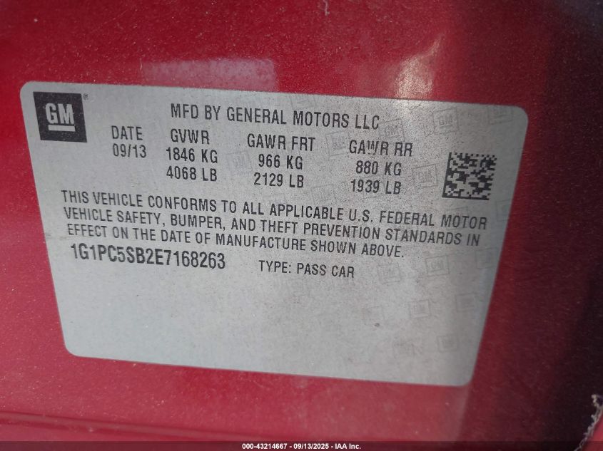 2014 Chevrolet Cruze 1Lt Auto VIN: 1G1PC5SB2E7168263 Lot: 43214667