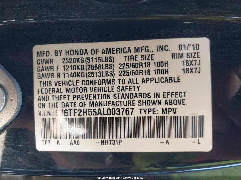 2010 Honda Accord Crosstour Ex-L VIN: 5J6TF2H55AL003767 Lot: 43214670