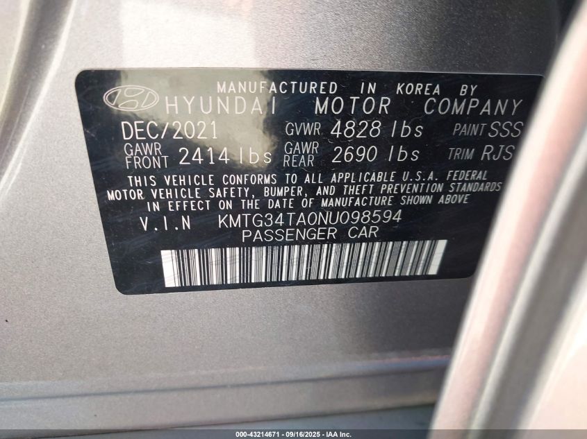 2022 Genesis G70 2.0T Awd VIN: KMTG34TA0NU098594 Lot: 43214671