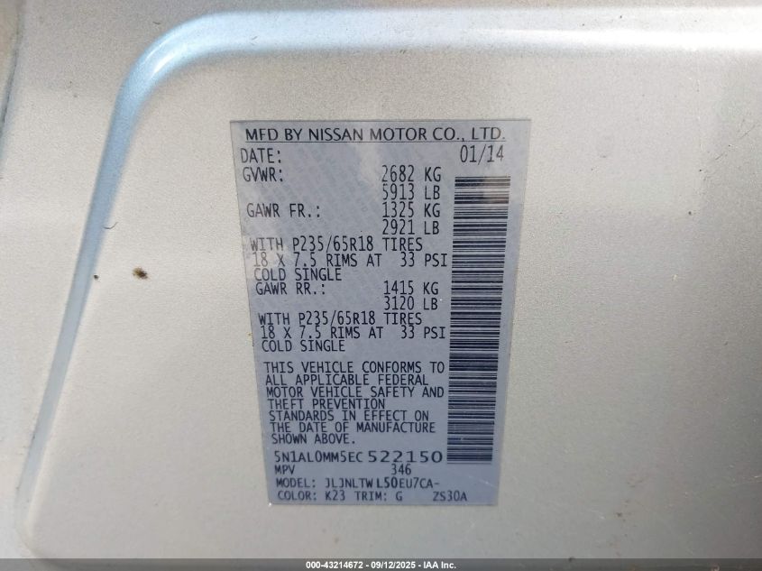 2014 Infiniti Qx60 VIN: 5N1AL0MM5EC522150 Lot: 43214672