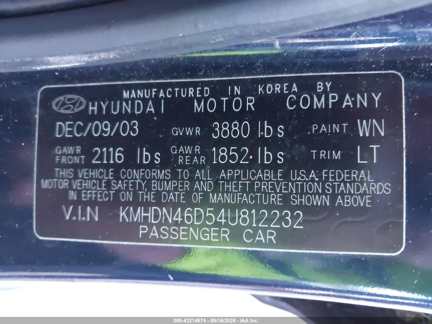 2004 Hyundai Elantra Gls/Gt VIN: KMHDN46D54U812232 Lot: 43214674