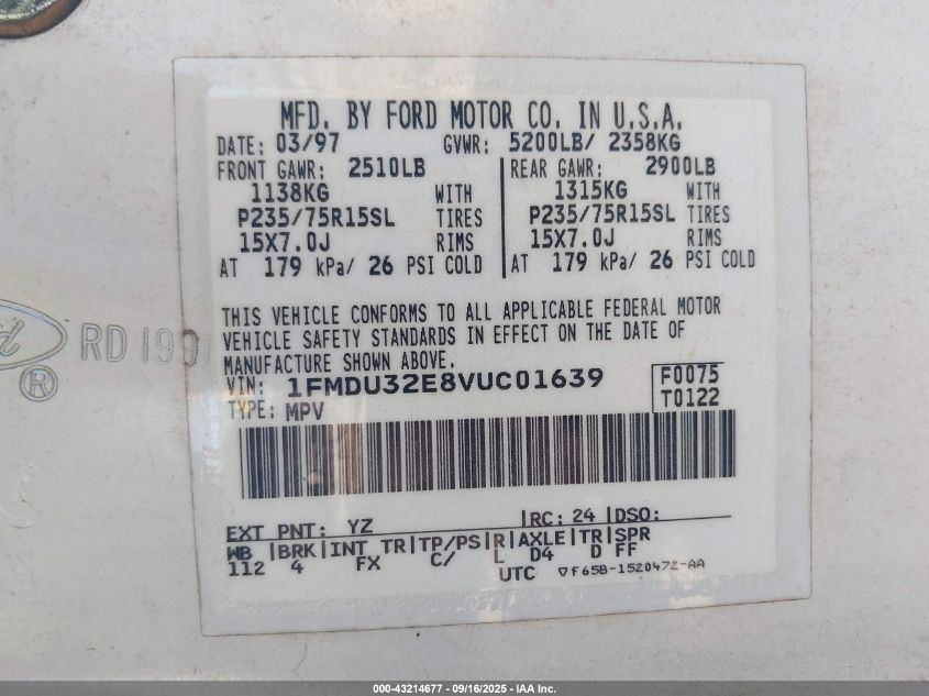 1997 Ford Explorer Eddie Bauer/Limited/Xl/Xlt VIN: 1FMDU32E8VUC01639 Lot: 43214677