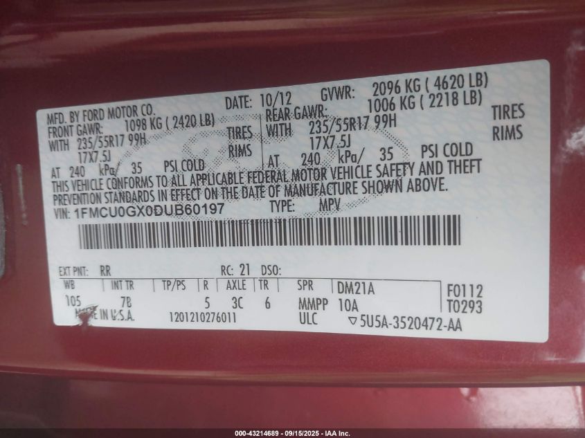 2013 Ford Escape Se VIN: 1FMCU0GX0DUB60197 Lot: 43214689