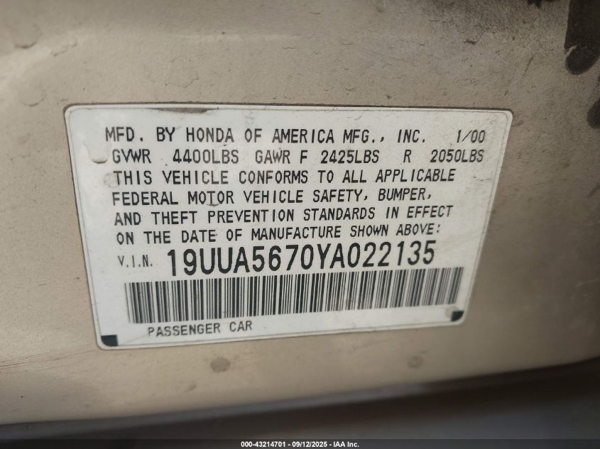 2000 Acura Tl 3.2 VIN: 19UUA5670YA022135 Lot: 43214701