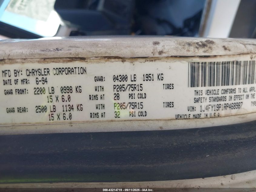 1994 Jeep Wrangler / Yj S VIN: 1J4FY19P1RP468987 Lot: 43214719