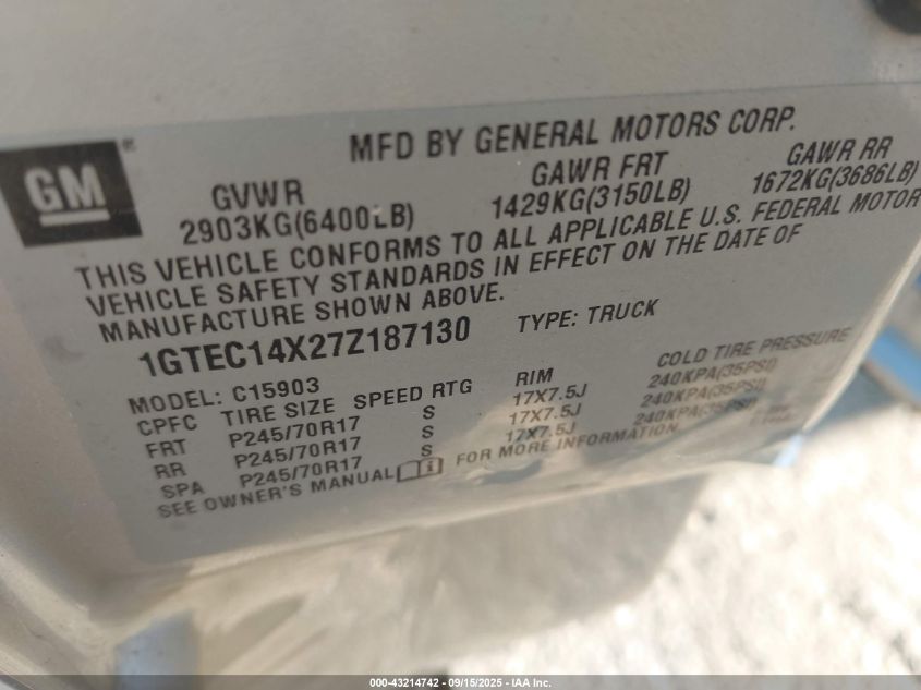 2007 GMC Sierra 1500 Classic Work Truck VIN: 1GTEC14X27Z187130 Lot: 43214742