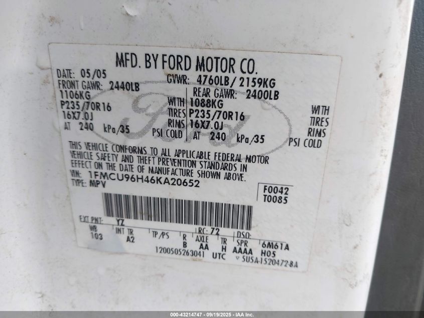 2006 Ford Escape Hybrid VIN: 1FMCU96H46KA20652 Lot: 43214747