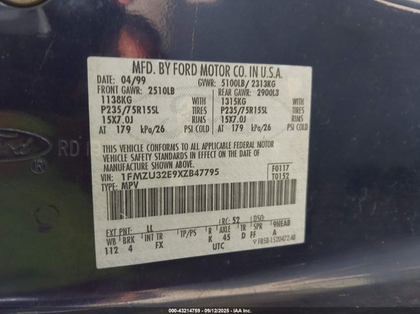 1999 Ford Explorer Eddie Bauer/Limited Edition/Xlt VIN: 1FMZU32E9XZB47795 Lot: 43214759