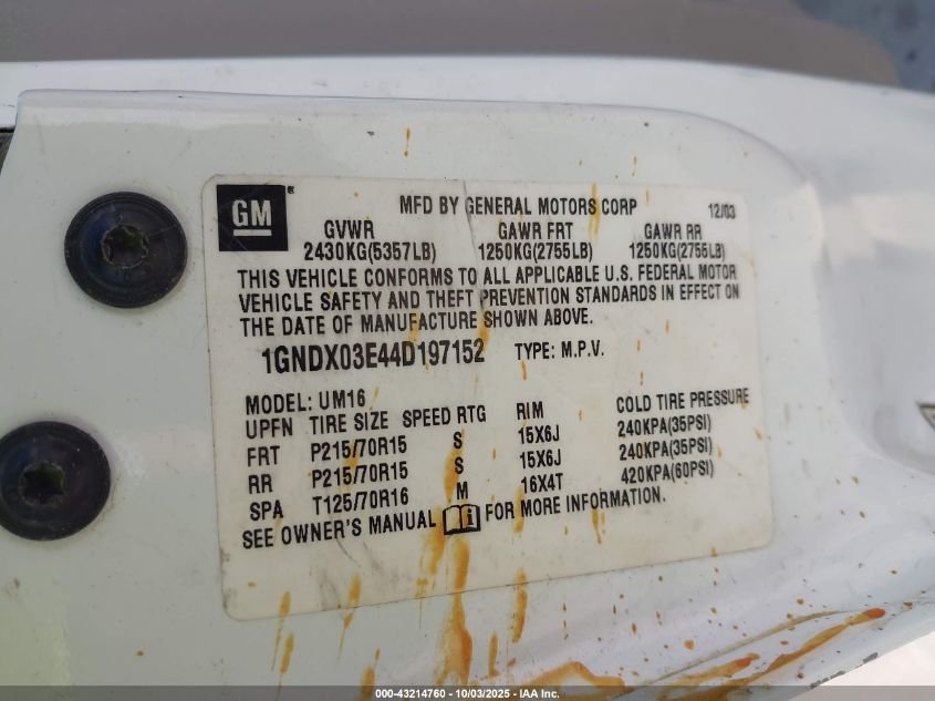 2004 Chevrolet Venture Plus VIN: 1GNDX03E44D197152 Lot: 43214760