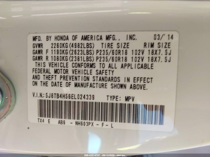 2014 Acura Rdx VIN: 5J8TB4H56EL024339 Lot: 43214767