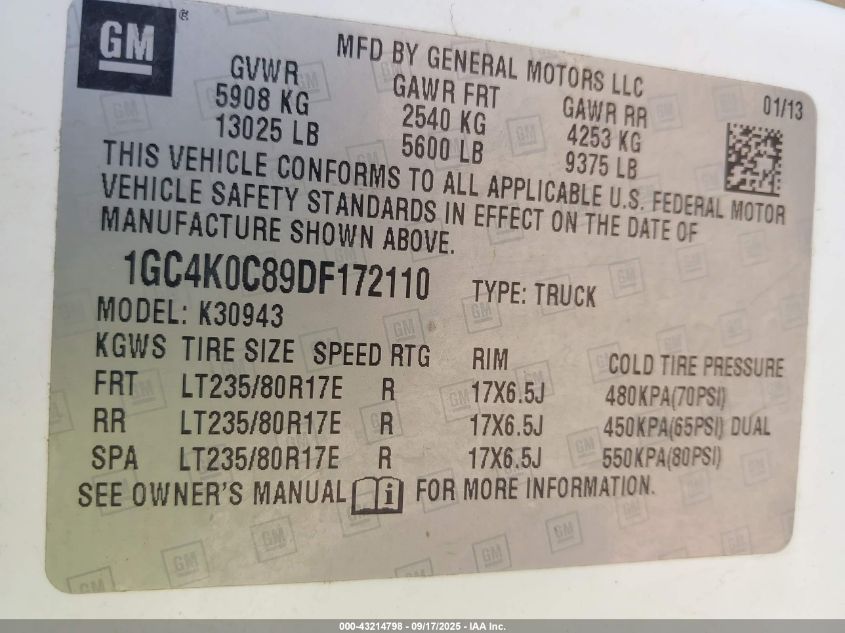 2013 Chevrolet Silverado 3500Hd Lt VIN: 1GC4K0C89DF172110 Lot: 43214798