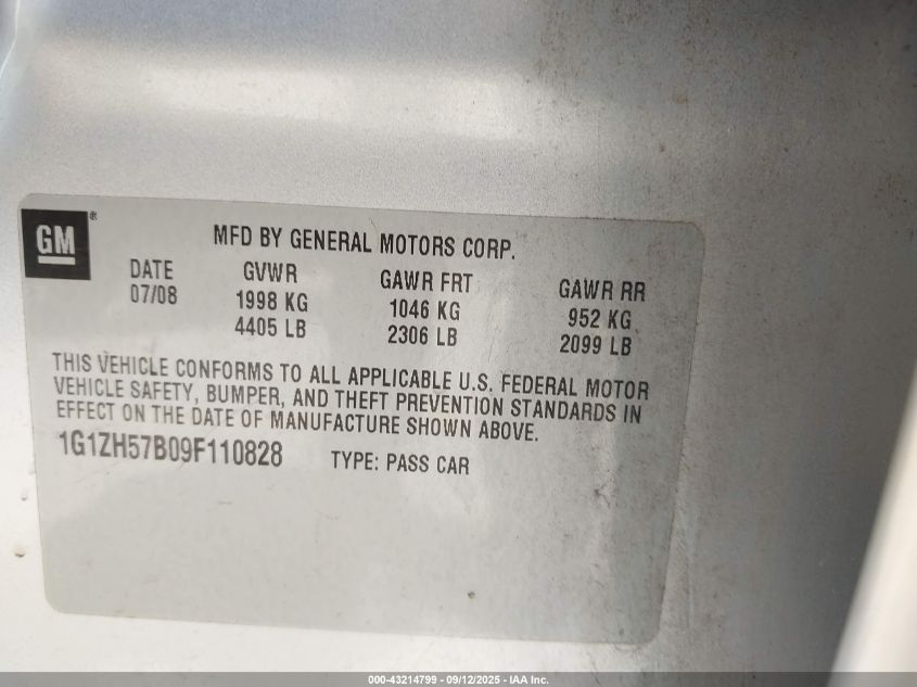 2009 Chevrolet Malibu Lt VIN: 1G1ZH57B09F110828 Lot: 43214799