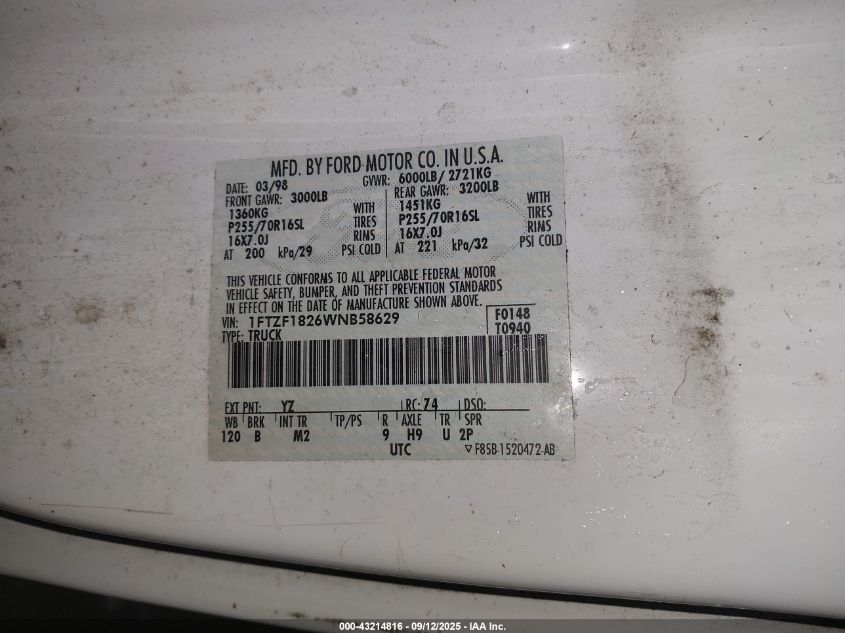 1998 Ford F-150 Standard/Xl/Xlt VIN: 1FTZF1826WNB58629 Lot: 43214816