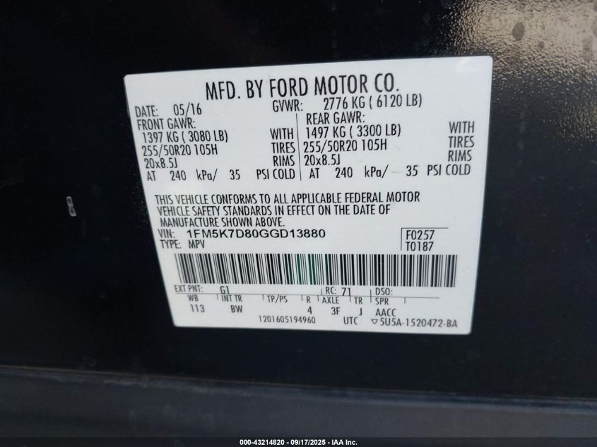 2016 Ford Explorer Xlt VIN: 1FM5K7D80GGD13880 Lot: 43214820