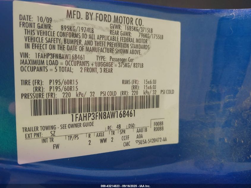 2010 Ford Focus Se VIN: 1FAHP3FN8AW168461 Lot: 43214823