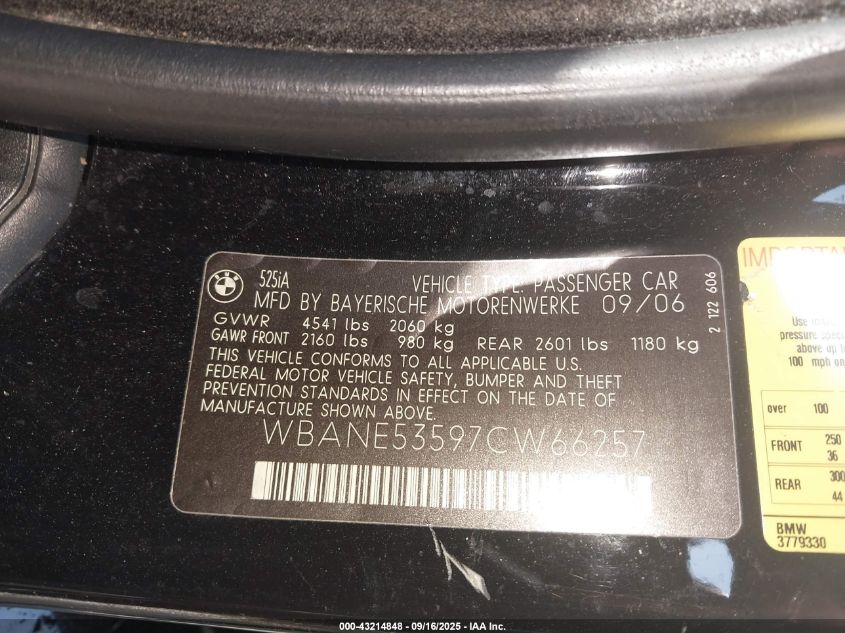 2007 BMW 525I VIN: WBANE53597CW66257 Lot: 43214848