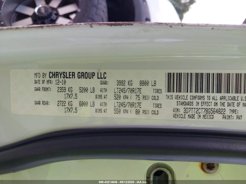 2011 Ram Ram 2500 St VIN: 3D7TT2CT7BG564822 Lot: 43214846