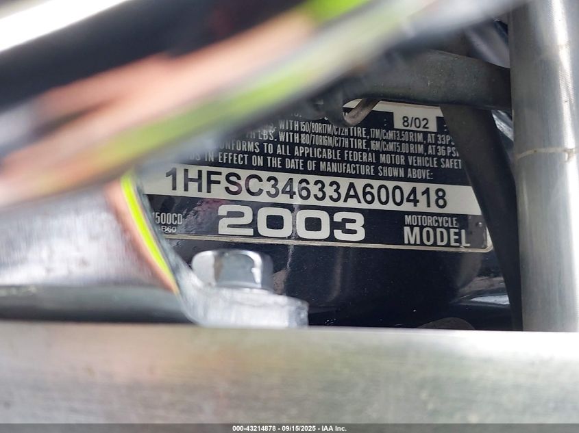2003 Honda Gl1500 Cd VIN: 1HFSC34633A600418 Lot: 43214878