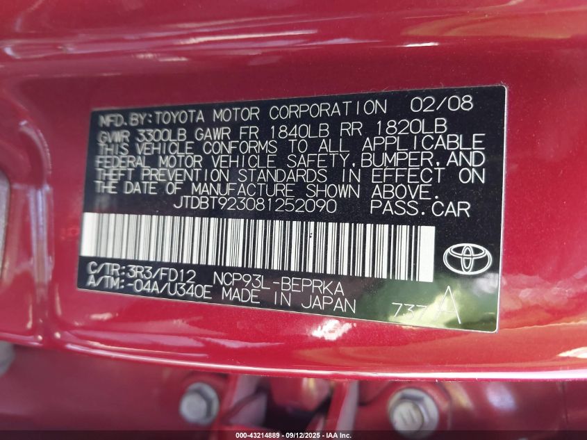 2008 Toyota Yaris VIN: JTDBT923081252090 Lot: 43214889