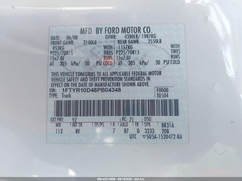 2008 Ford Ranger Xl/Xlt VIN: 1FTYR10D48PB04348 Lot: 43214896