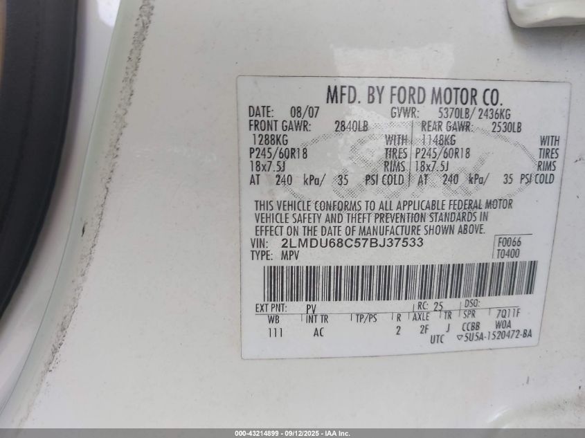 2007 Lincoln Mkx VIN: 2LMDU68C57BJ37533 Lot: 43214899