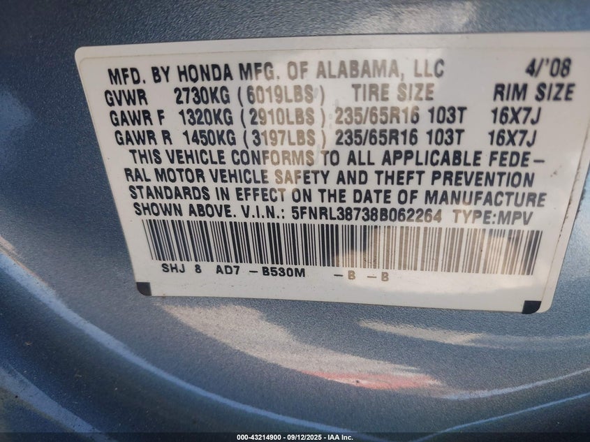 2008 Honda Odyssey Ex-L VIN: 5FNRL38738B062264 Lot: 43214900