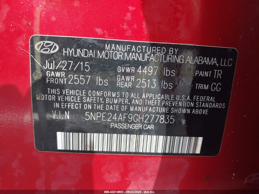 2016 Hyundai Sonata Se VIN: 5NPE24AF9GH277835 Lot: 43214903