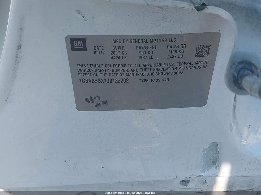 2018 Cadillac Ats Luxury VIN: 1G6AB5SX1J0125292 Lot: 43214941