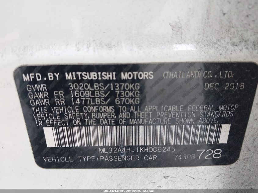 2019 Mitsubishi Mirage Se VIN: ML32A4HJ1KH006245 Lot: 43214970