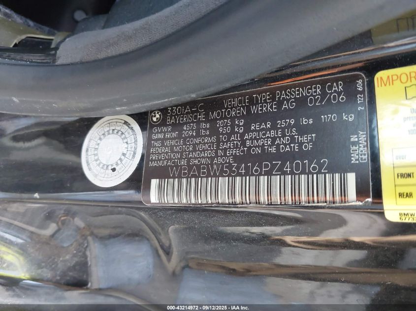 2006 BMW 330Ci VIN: WBABW53416PZ40162 Lot: 43214972