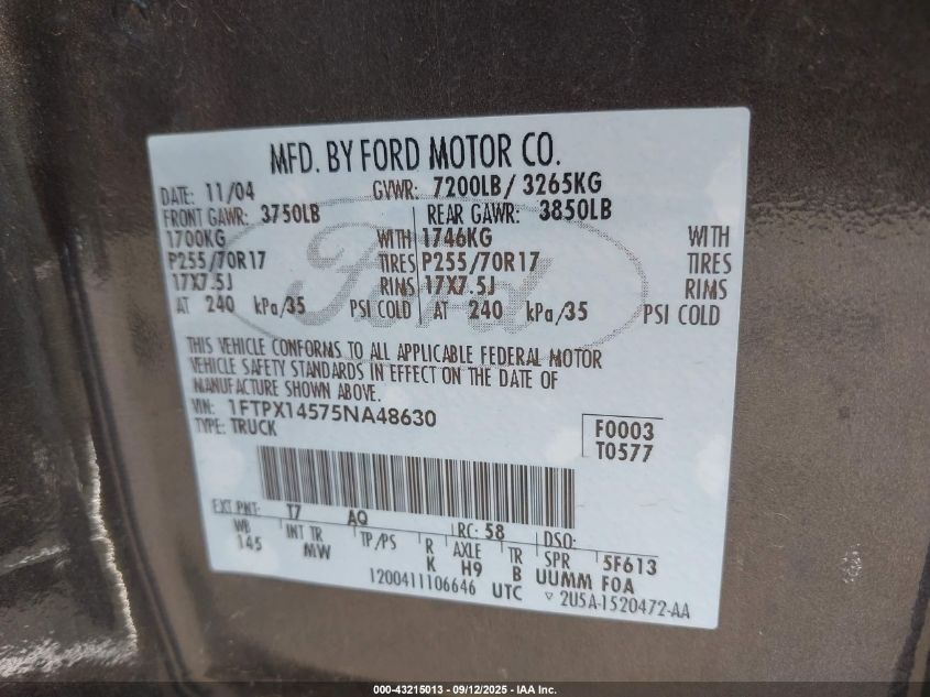 2005 Ford F-150 Fx4/Lariat/Xl/Xlt VIN: 1FTPX14575NA48630 Lot: 43215013