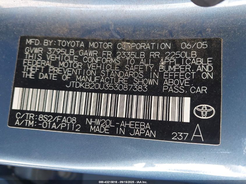 2005 Toyota Prius VIN: JTDKB20U353087383 Lot: 43215016