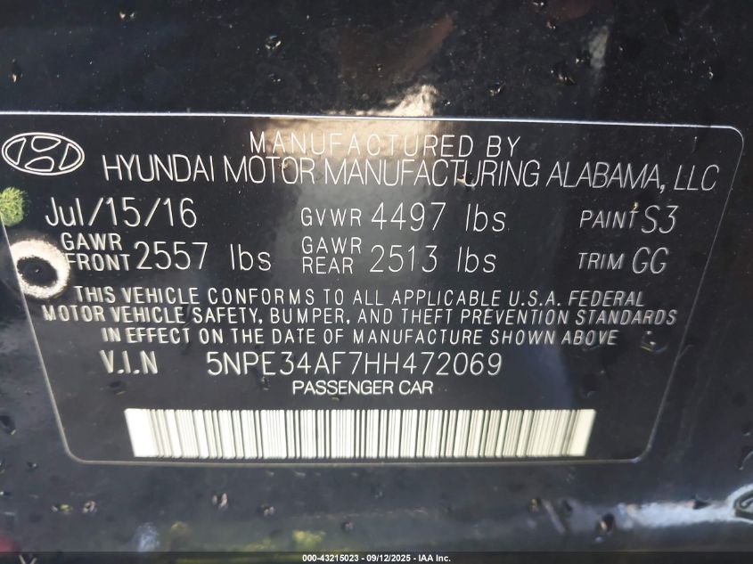 2017 Hyundai Sonata VIN: 5N9E34AF7HH472069 Lot: 43215023