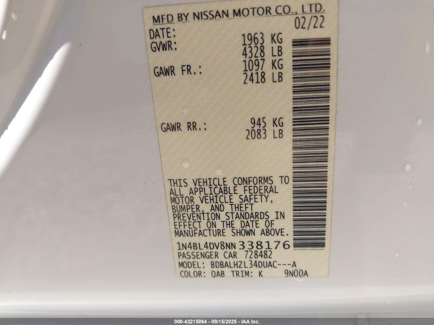 2022 Nissan Altima Sv Fwd VIN: 1N4BL4DV8NN338176 Lot: 43215064