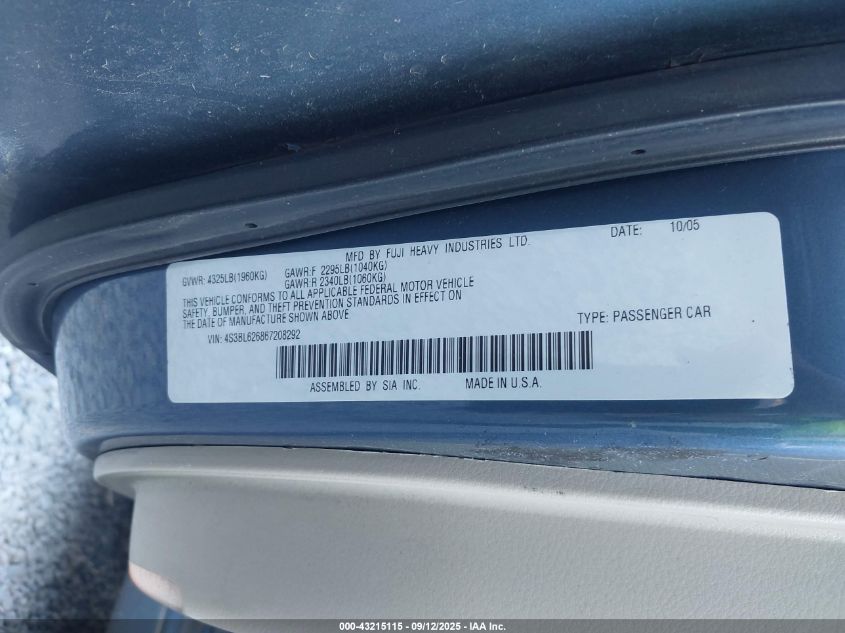 2006 Subaru Legacy 2.5I/2.5I Limited VIN: 4S3BL626867208292 Lot: 43215115