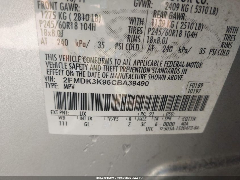 2012 Ford Edge Limited VIN: 2FMDK3K96CBA39490 Lot: 43215121