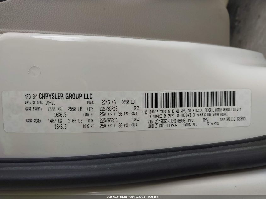 2012 Dodge Grand Caravan Sxt VIN: 2C4RDGCG3CR178802 Lot: 43215138