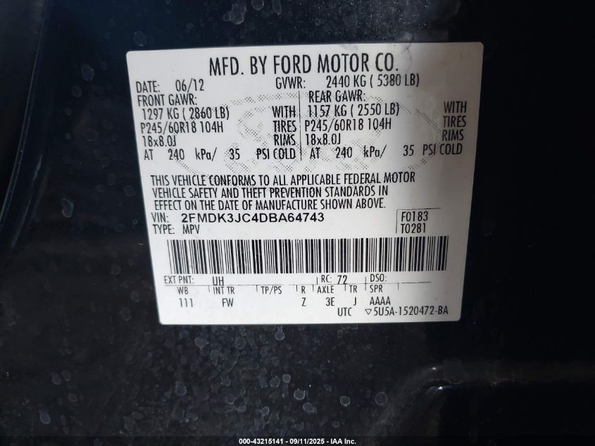 2013 Ford Edge Sel VIN: 2FMDK3JC4DBA64743 Lot: 43215141