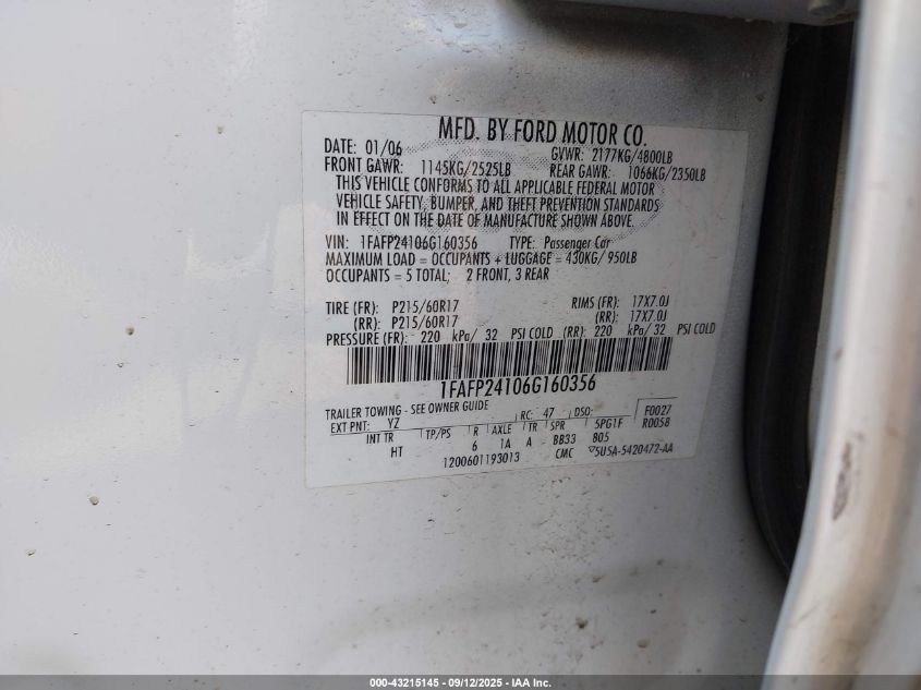 2006 Ford Five Hundred Sel VIN: 1FAFP24106G160356 Lot: 43215145