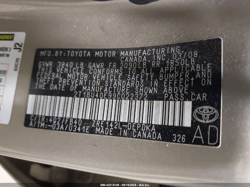 2009 Toyota Corolla Le VIN: 2T1BU40E99C022372 Lot: 43215149