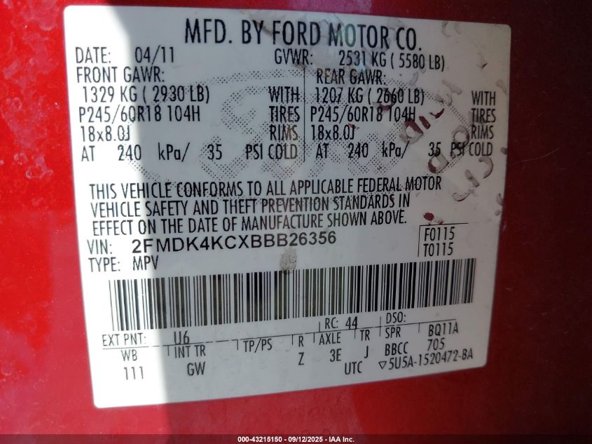 2011 Ford Edge Limited VIN: 2FMDK4KCXBBB26356 Lot: 43215150