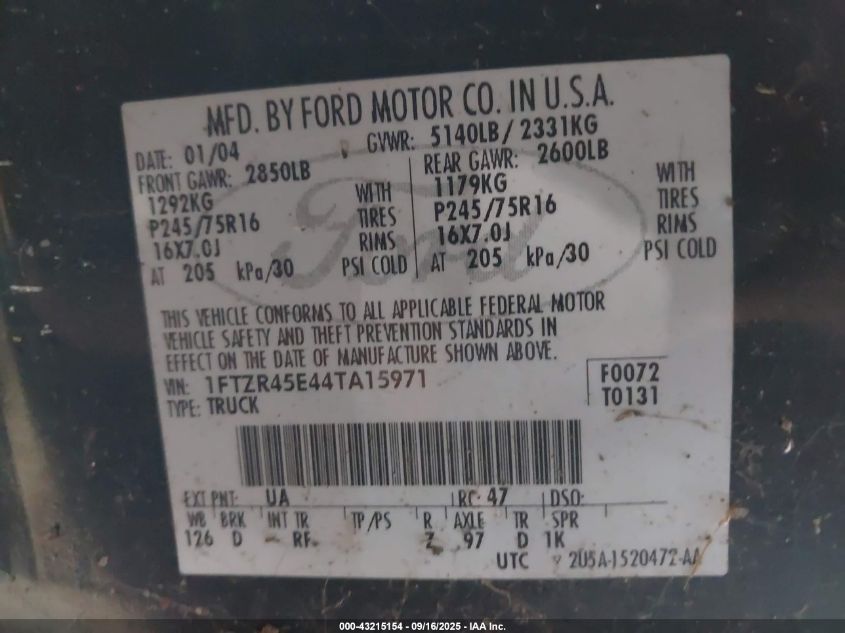 2004 Ford Ranger Edge/Tremor/Xlt VIN: 1FTZR45E44TA15971 Lot: 43215154