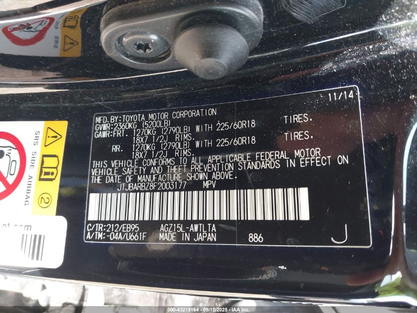 2015 Lexus Nx 200T F Sport VIN: JTJBARBZ8F2003177 Lot: 43215164