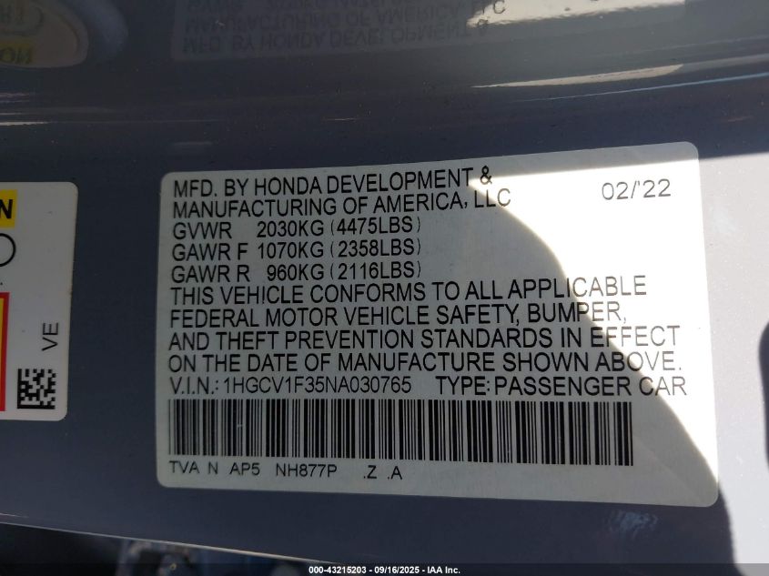 2022 Honda Accord Sport VIN: 1HGCV1F35NA030765 Lot: 43215203