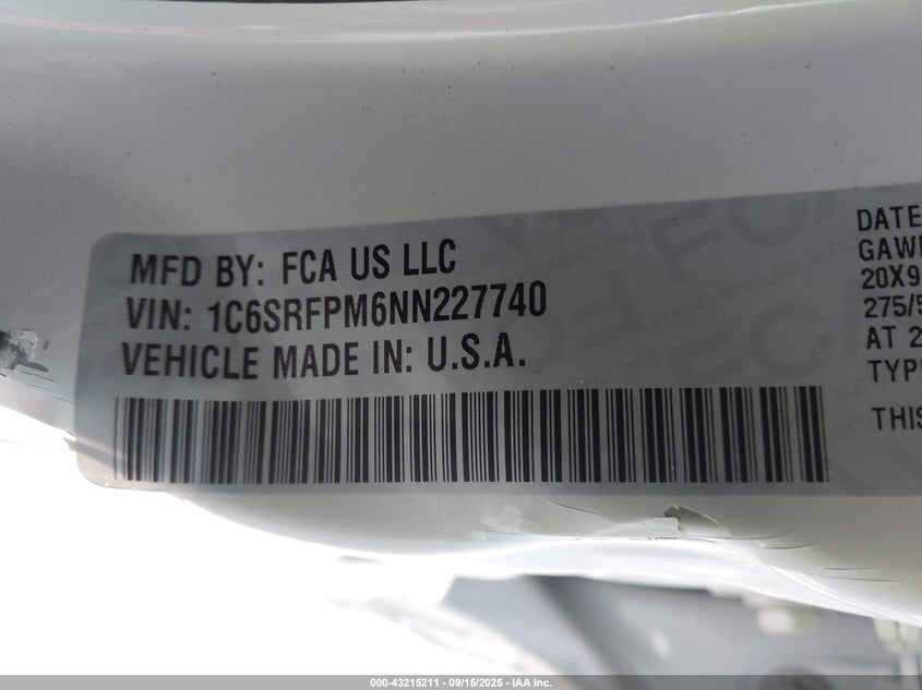 2022 Ram 1500 Limited 4X4 6'4 Box VIN: 1C6SRFPM6NN227740 Lot: 43215211