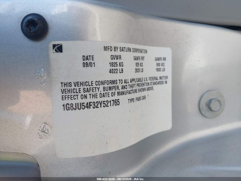 2002 Saturn L-Series L200 VIN: 1G8JU54F32Y521765 Lot: 43215228