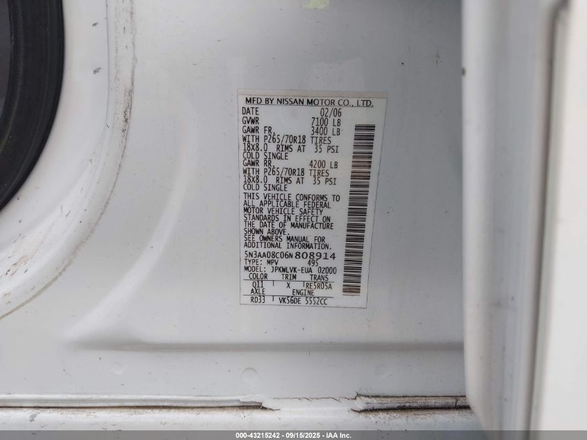 2006 Infiniti Qx56 VIN: 5N3AA08C06N808914 Lot: 43215242