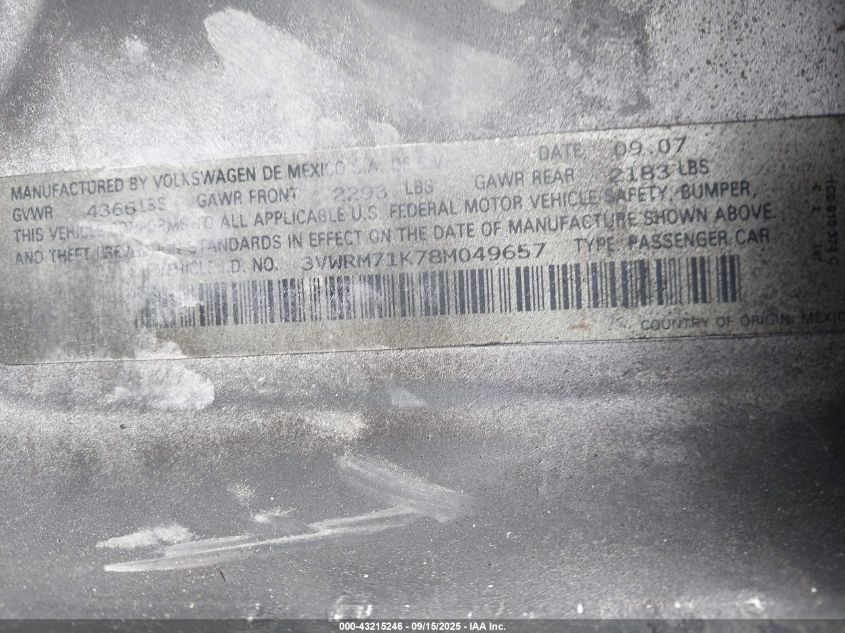 2008 Volkswagen Jetta Se/Sel VIN: 3VWRM71K78M049657 Lot: 43215246