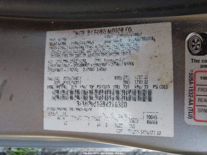 2008 Ford Fusion Sel VIN: 3FAHP08108R216380 Lot: 43215273