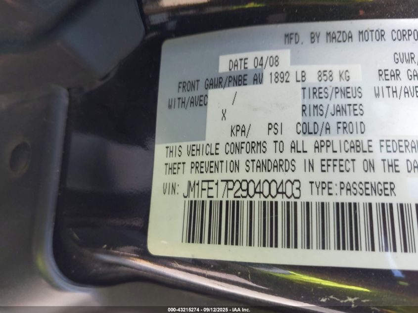 2009 Mazda Rx-8 Grand Touring VIN: JM1FE17P290400403 Lot: 43215274